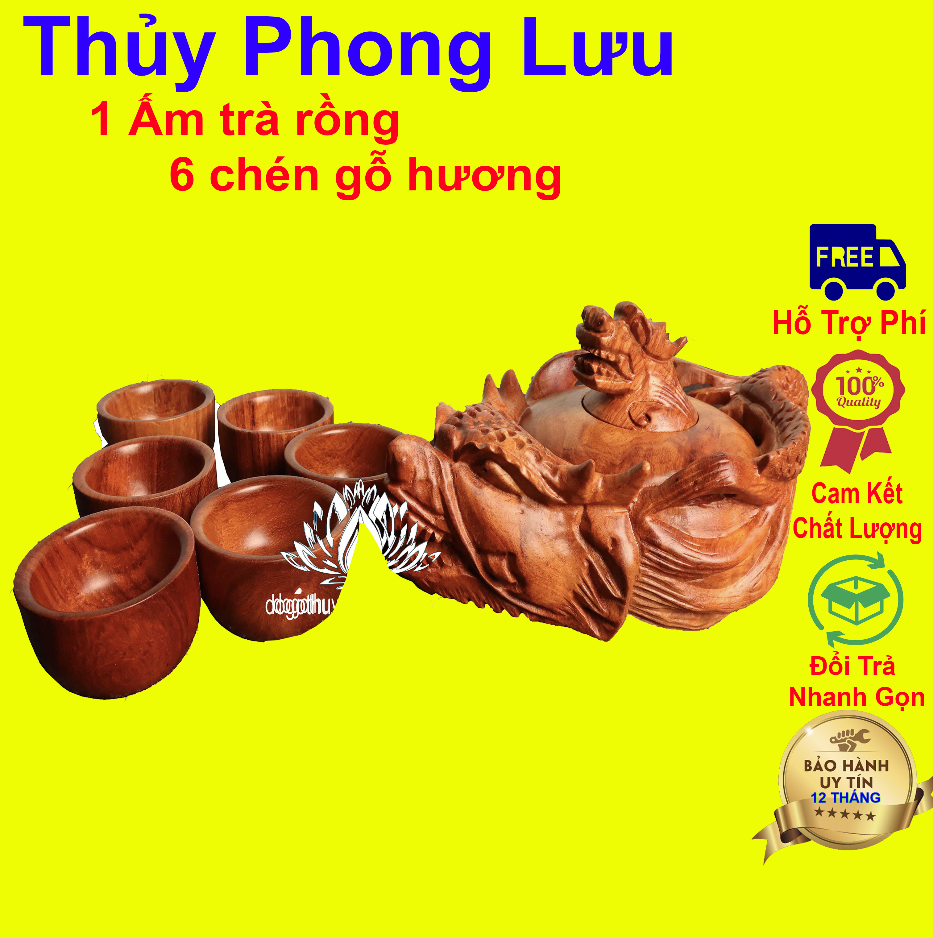Ấm chén rồng gỗ hương bộ ấm trà nguyên khối 6 chén 1 ấm rồng