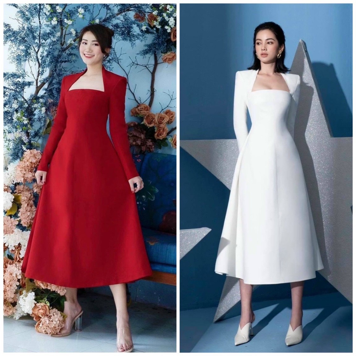 Đầm midi dự tiệc tay dài cổ u chéo chất lụa taffeta có lót tttdress - size s/m/l - ms279v