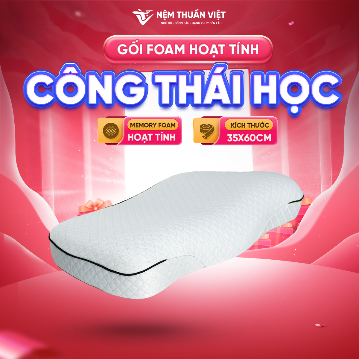 Gối Memory Foam Hoạt Tính Công Thái Học Thuần Việt Whisper