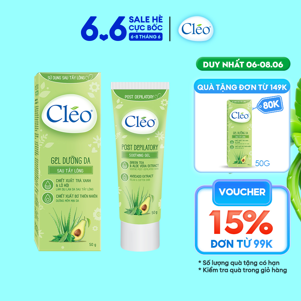 Gel dưỡng da sau tẩy lông Cléo chiết xuất lá trà xanh thiên nhiên, bơ tươi giúp da mịn màng, ẩm mượt 50g