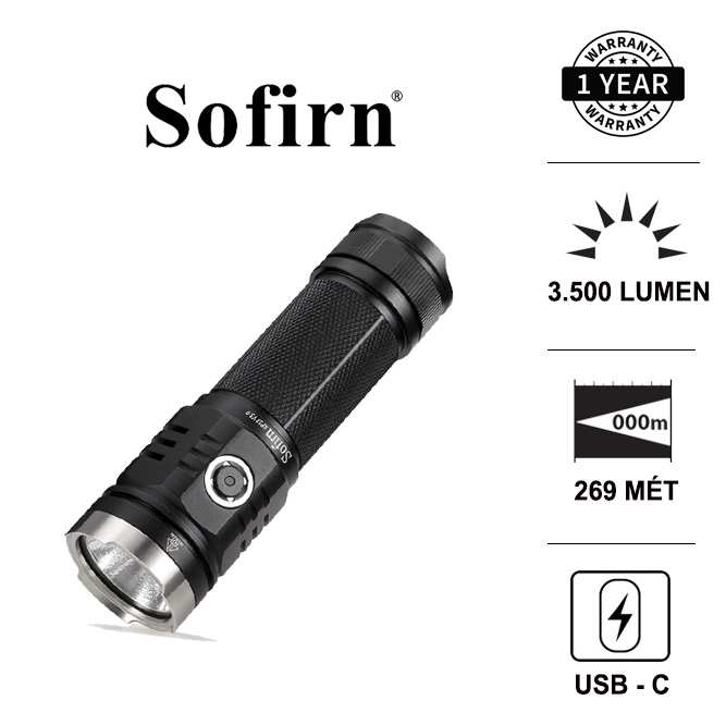 Đèn pin siêu sáng SOFIRN SP33 V3 độ sáng 3500 lumen chiếu xa 269m LED CREE XHP50 cổng sạc USB pin 26650 (kèm theo) Đèn Đèn pin