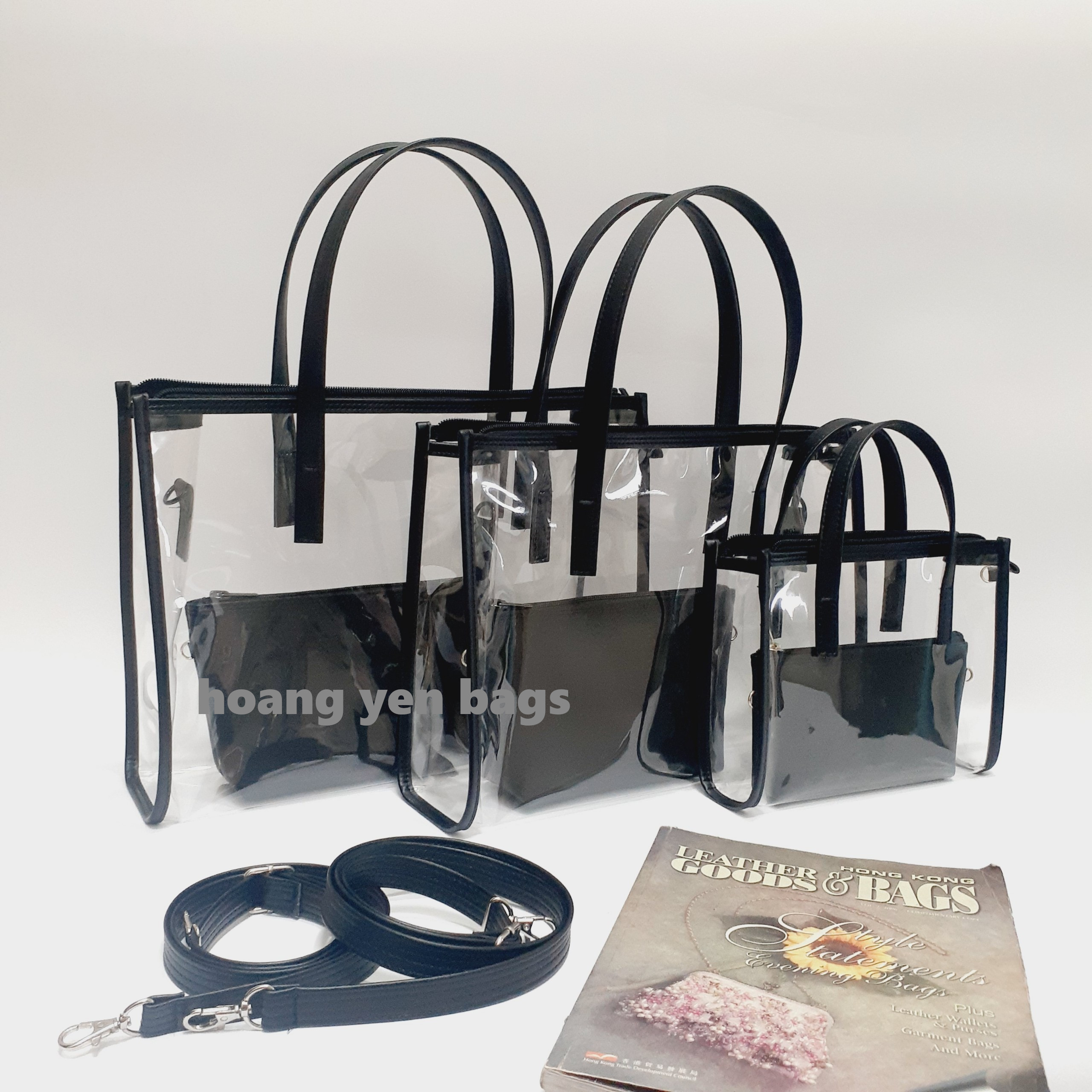 Túi xách trong suốt nữ đi làm 2 in 1, phong cách Hàn Quốc , có dây khóa kéo, đựng được laptop, giấy tờ A3, A4, có dây đeo chéo đồng bộ.