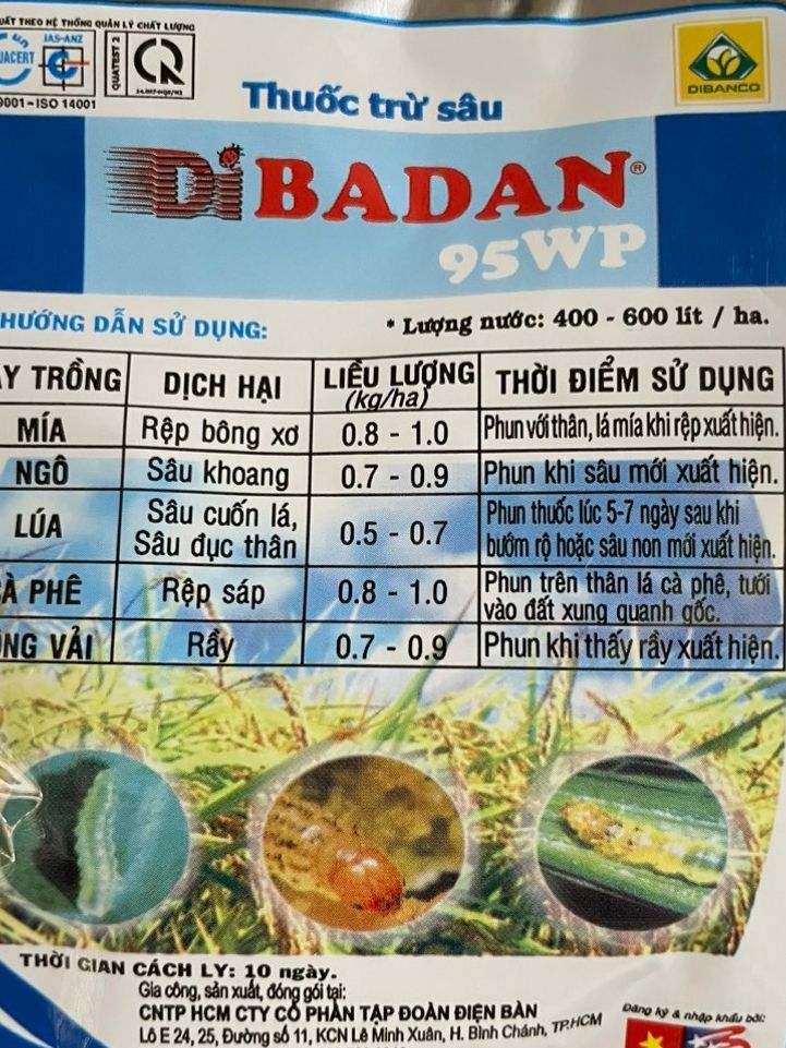 Thuốc trừ sâu DIBADAN 95WP trừ sâu cuốn lá, sâu bẹ, sâu đục thân, rầy, rệp bông xơ, rệp sáp, sùng đất, sâu khoang, đục cuống.