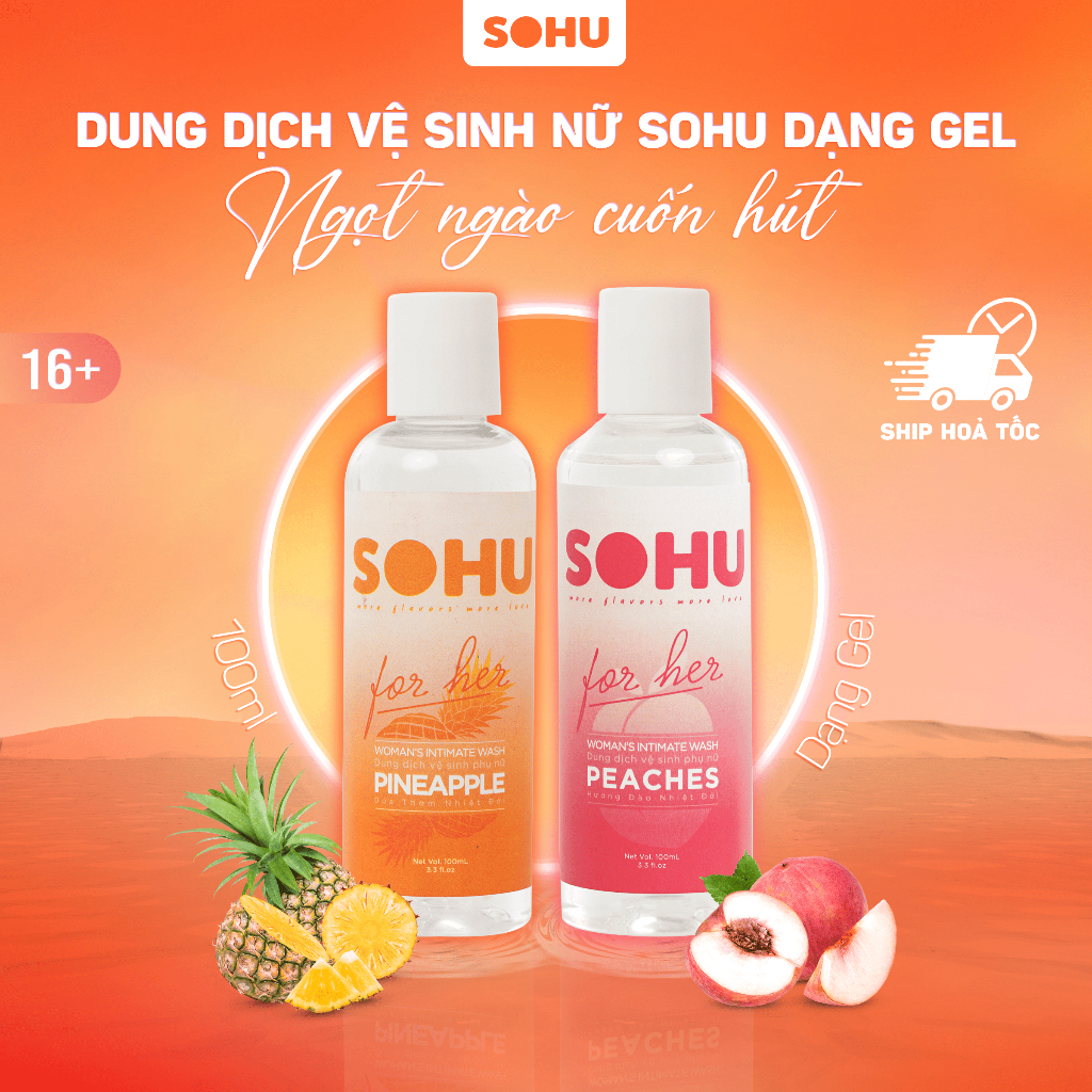 Dung dịch vệ sinh phụ nữ SOHU hương đào, dứa nhiệt đới khử mùi tự nhiên lành tính chai 100ml