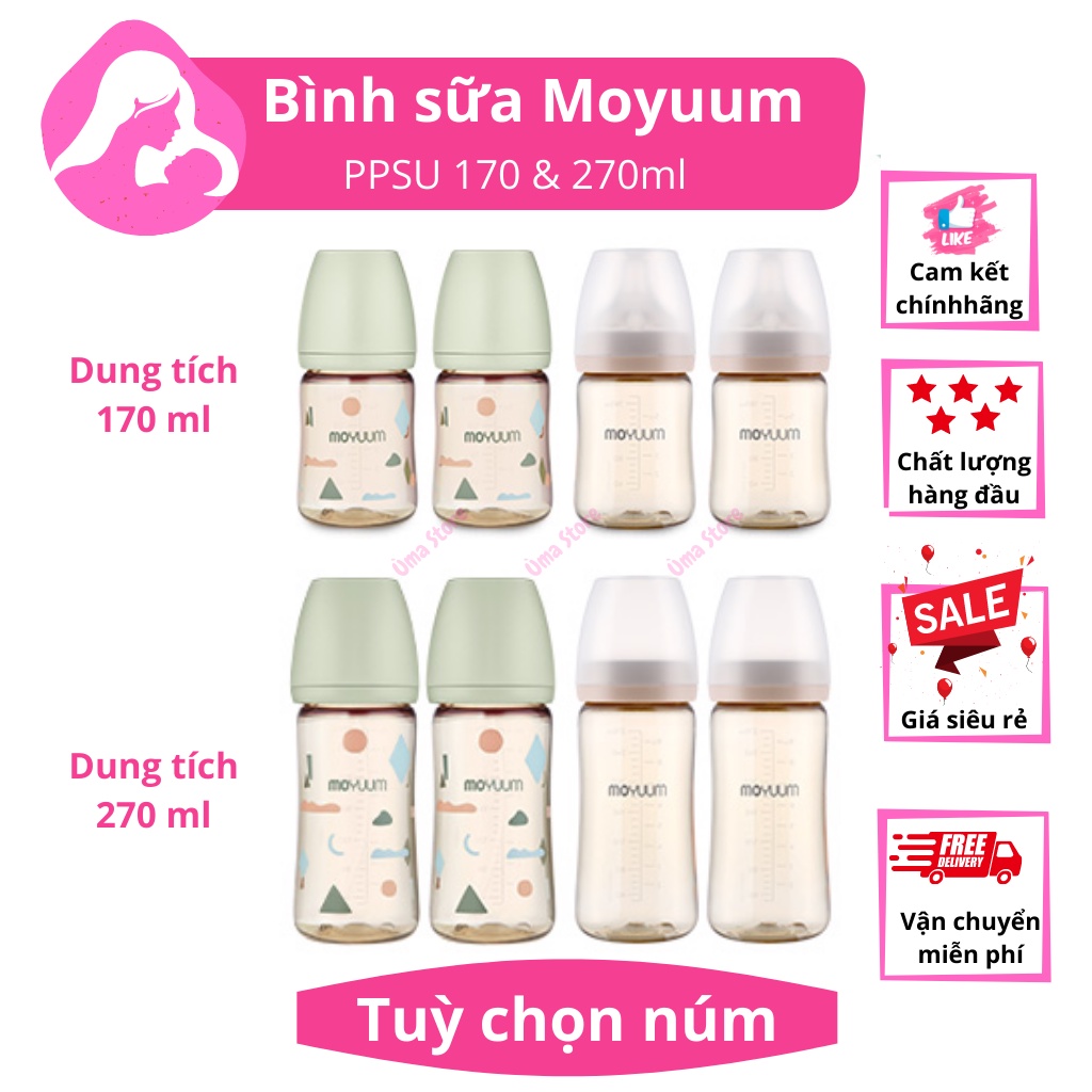 Bình sữa MOYUUM Hàn Quốc cho bé, PPSU 170 & 270ml - Tuỳ Chọn Núm