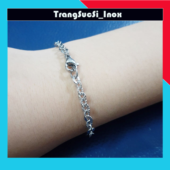 lắc tay nữ inox cao cấp kiểu chữ cong chạm chiếu lấp lánh trắng sáng đẹp, không đen, chuẩn thời trang