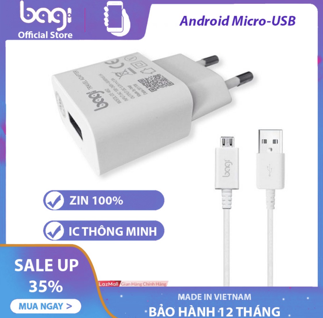 Bộ củ và cáp sạc nhanh dài 1.2m 5v-2a cho samsung,oppo,xiaomi...cổng micro usb - bagi cb m52