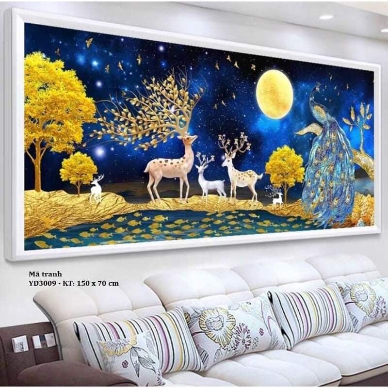 Tranh đính đá Tuần Lộc Hươu Tài Lộc Phát Tài size 150x70cm, 2mx85cm - tranh chưa đính đá, không khung
