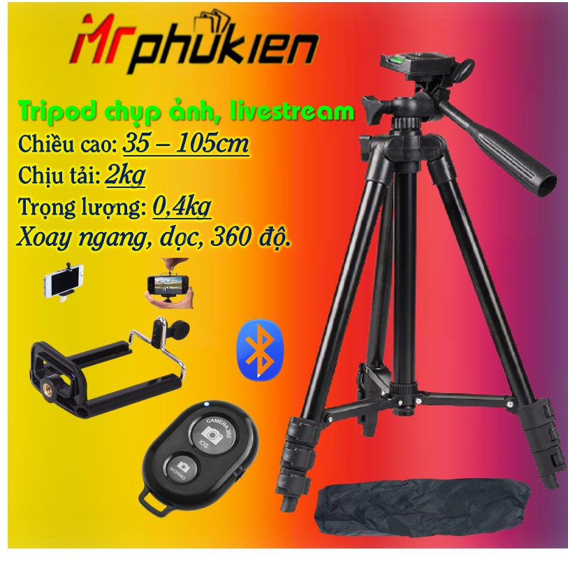 Tripod điện thoại, máy ảnh 105cm kèm remote bluetooth chụp ảnh từ xa ms100 - mrphukien