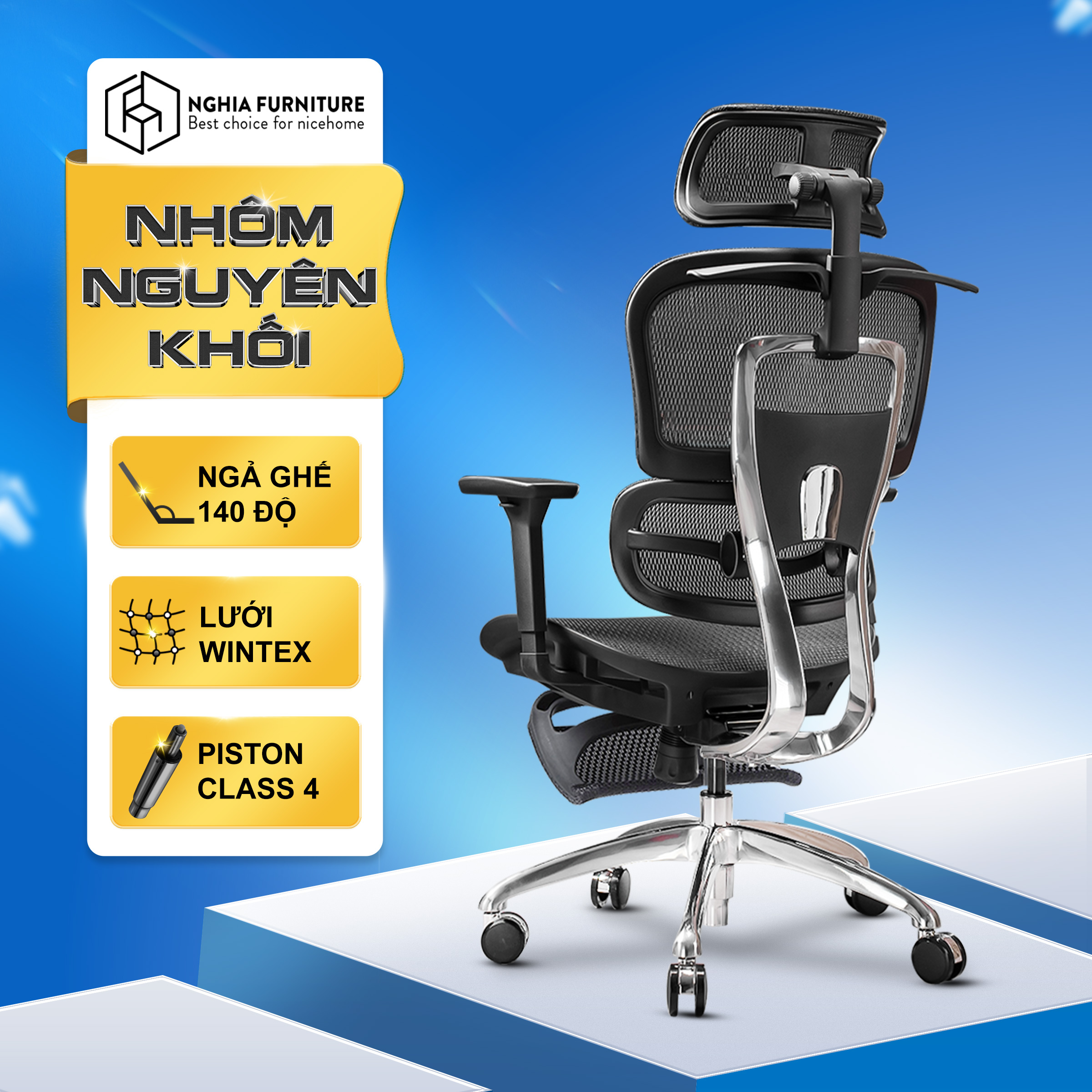 Ghế công thái học Nghia furniture CASTER Ngả ghế 135 độ lưới wintex Hàn Quốc Piston class 4 Samhongsa Bảo hành 5 năm