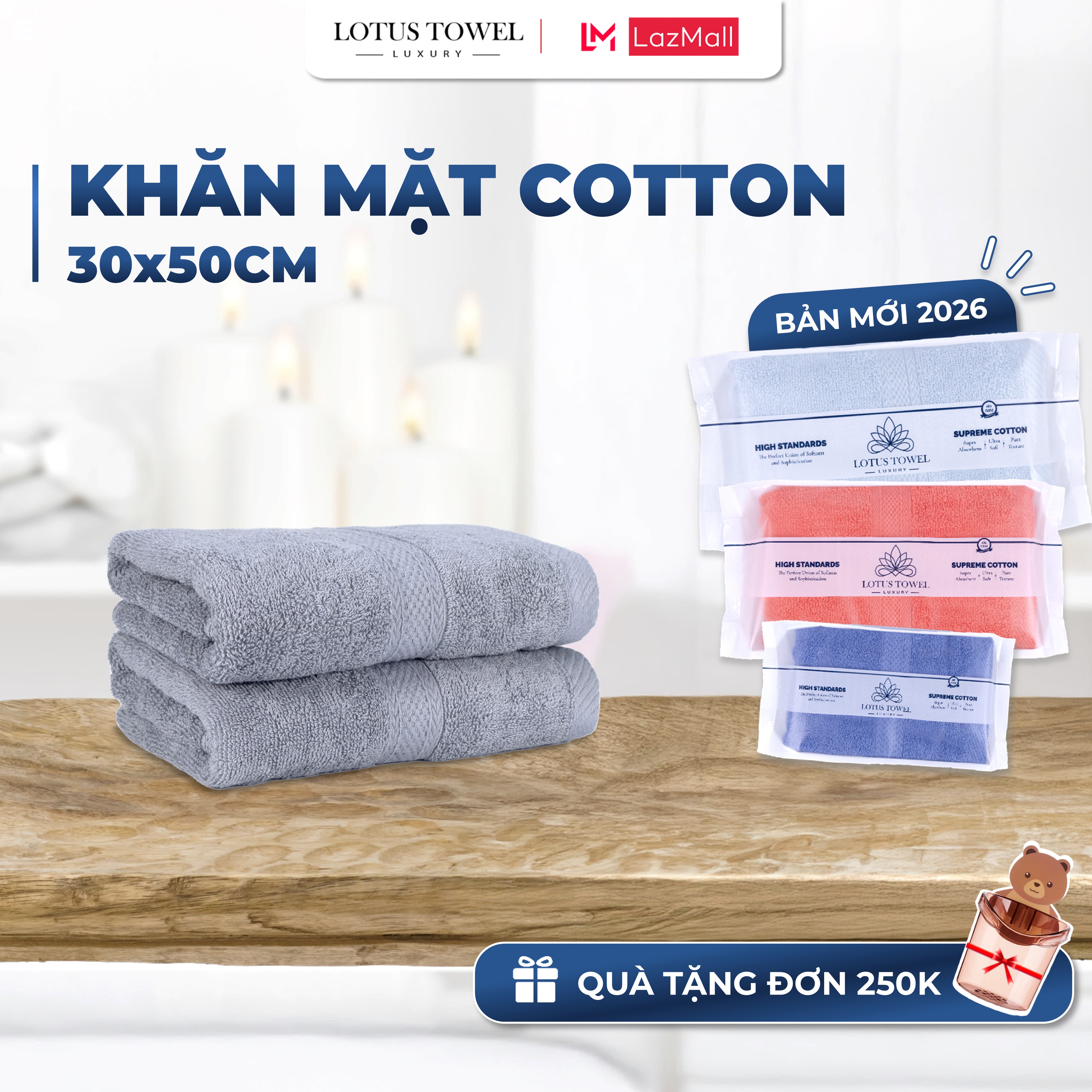 Khăn Mặt 30x50cm LOTUS TOWEL 100% Cotton Cao Cấp Mềm Mịn Thấm Hút Không Ra Màu 