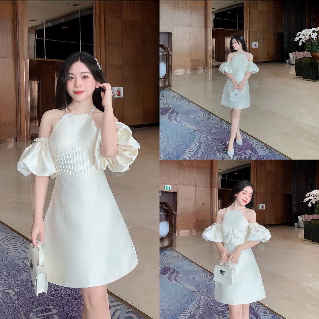 Váy đầm nữ cổ yếm trễ vai chất phi bóng tay phồng dễ thương