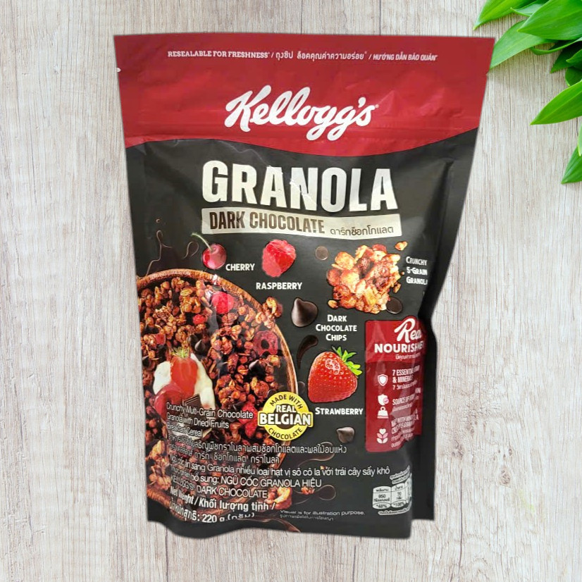 KELLOGG'S [Túi DARK CHOCOLATE 220g] NGŨ CỐC GRANOLA HẠT SÔ CÔ LA VÀ TRÁI CÂY SẤY Crunchy Multi Grain Chocolate with Dried Fruit