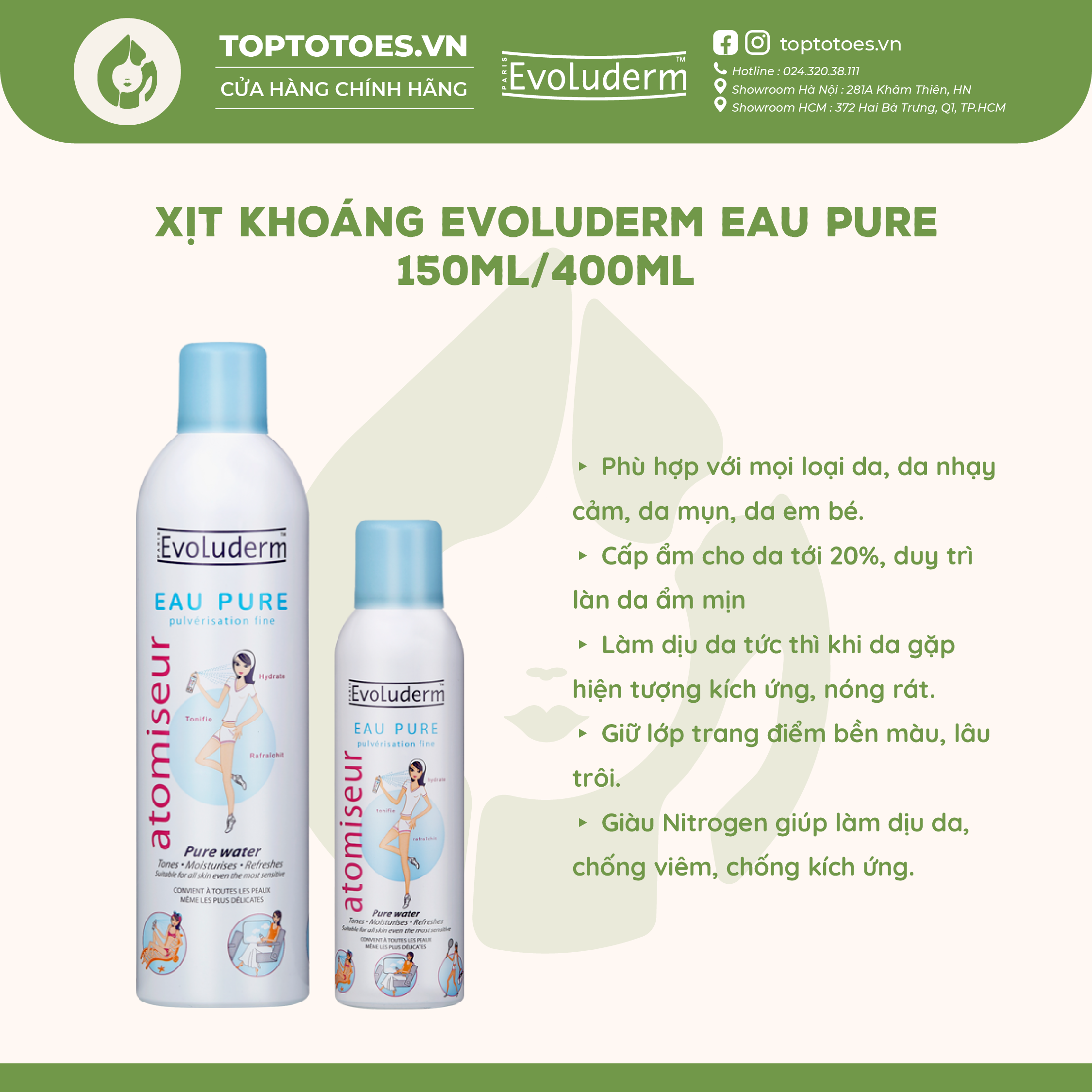 Xịt khoáng Evoluderm Eau Pure cấp nước làm dịu da 150ml/400ml