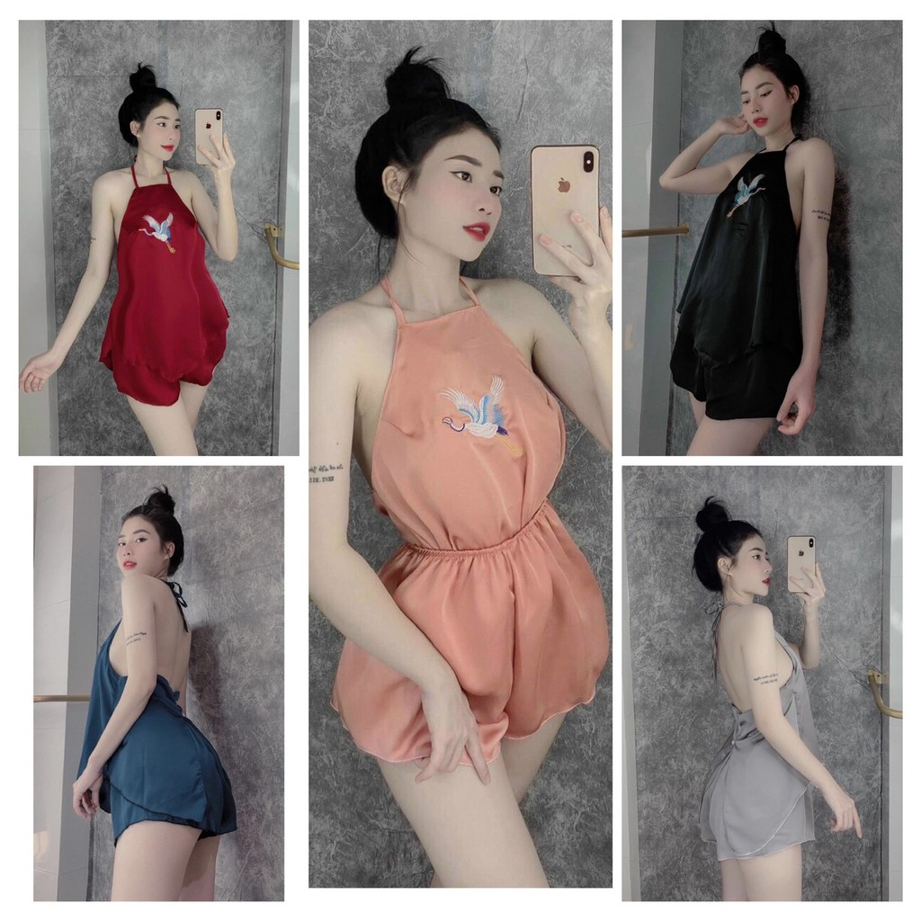 ⚡ VẢI ĐẸP ⚡ Đồ ngủ sexy / bộ mặc nhà 2 dây thêu hạc chất liệu lụa cao cấp mềm mịn kèm quần đùi siêu cute freesize dưới 58kg