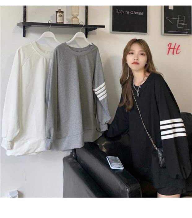 Áo sweater nam nữ 4 vạch tay form rộng chất cotton nỉ trơn cổ tròn dài tay