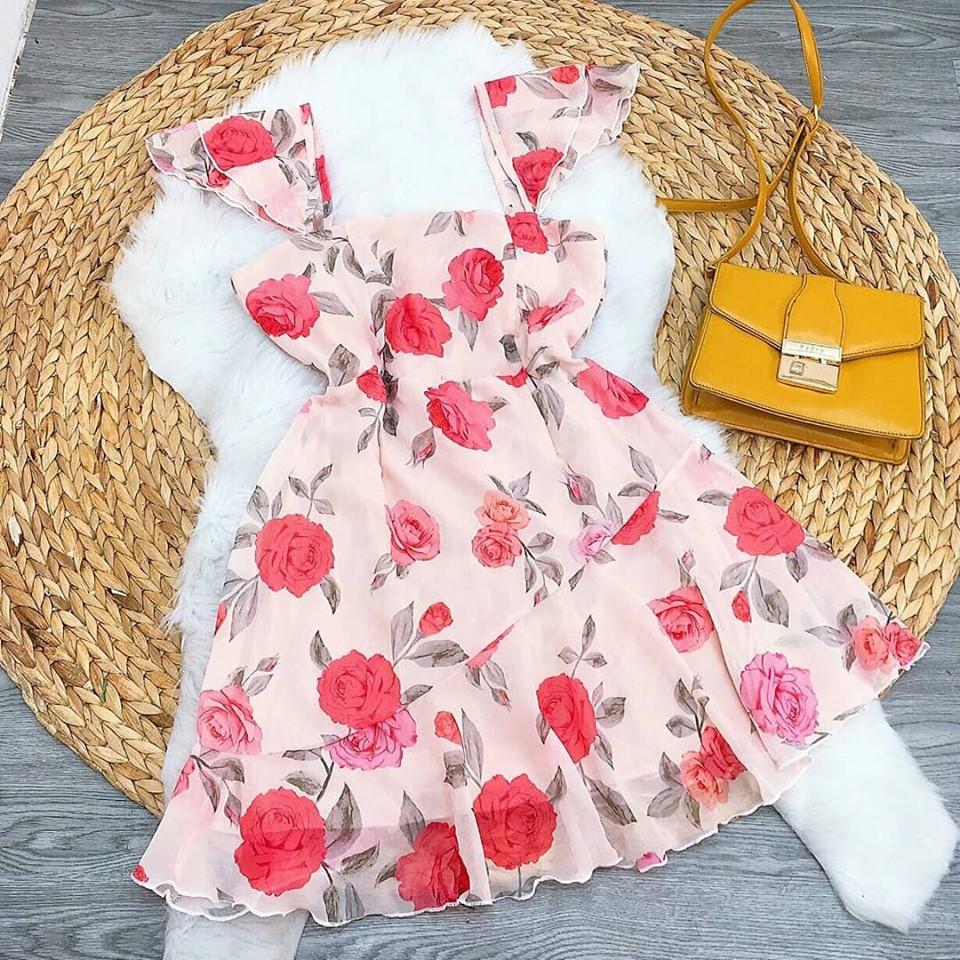 [HCM]Đầm Suông Cổ Vuông Cánh Tiên Họa Tiết Hoa Hồng Dịu Dàng