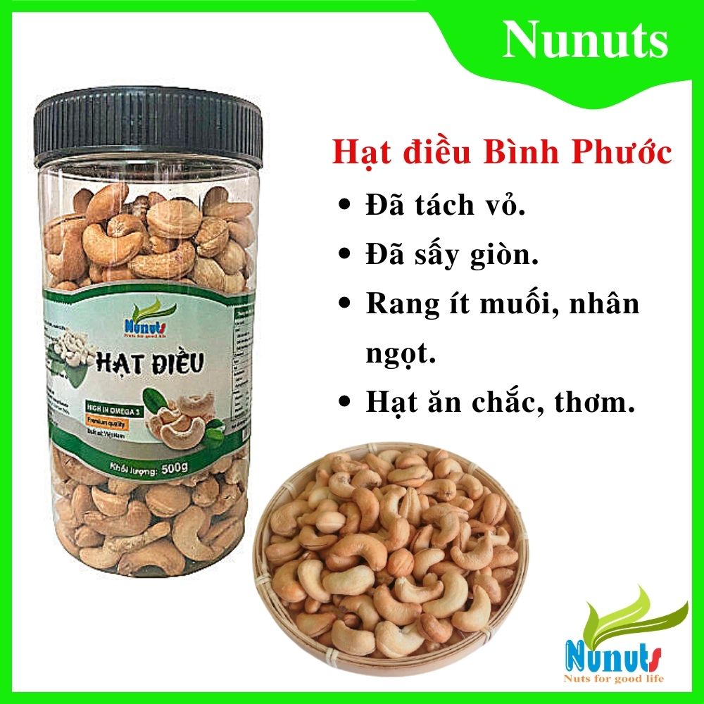 Hạt điều rang muối tách vỏ Bình Phước. Nguyên hạt, đã sấy giòn, ít muối nên ăn rất vừa vị, hạt điều vẫn giữ nguyên được vị ngọt tự nhiên, béo béo, bùi bùi. nunutsshop