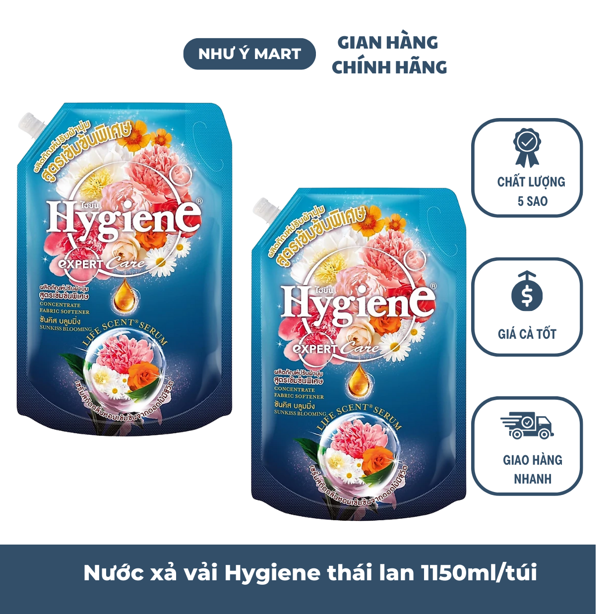 Combo 2 túi nước xả vải hygiene thái lan màu xanh aqua 1150ml/túi