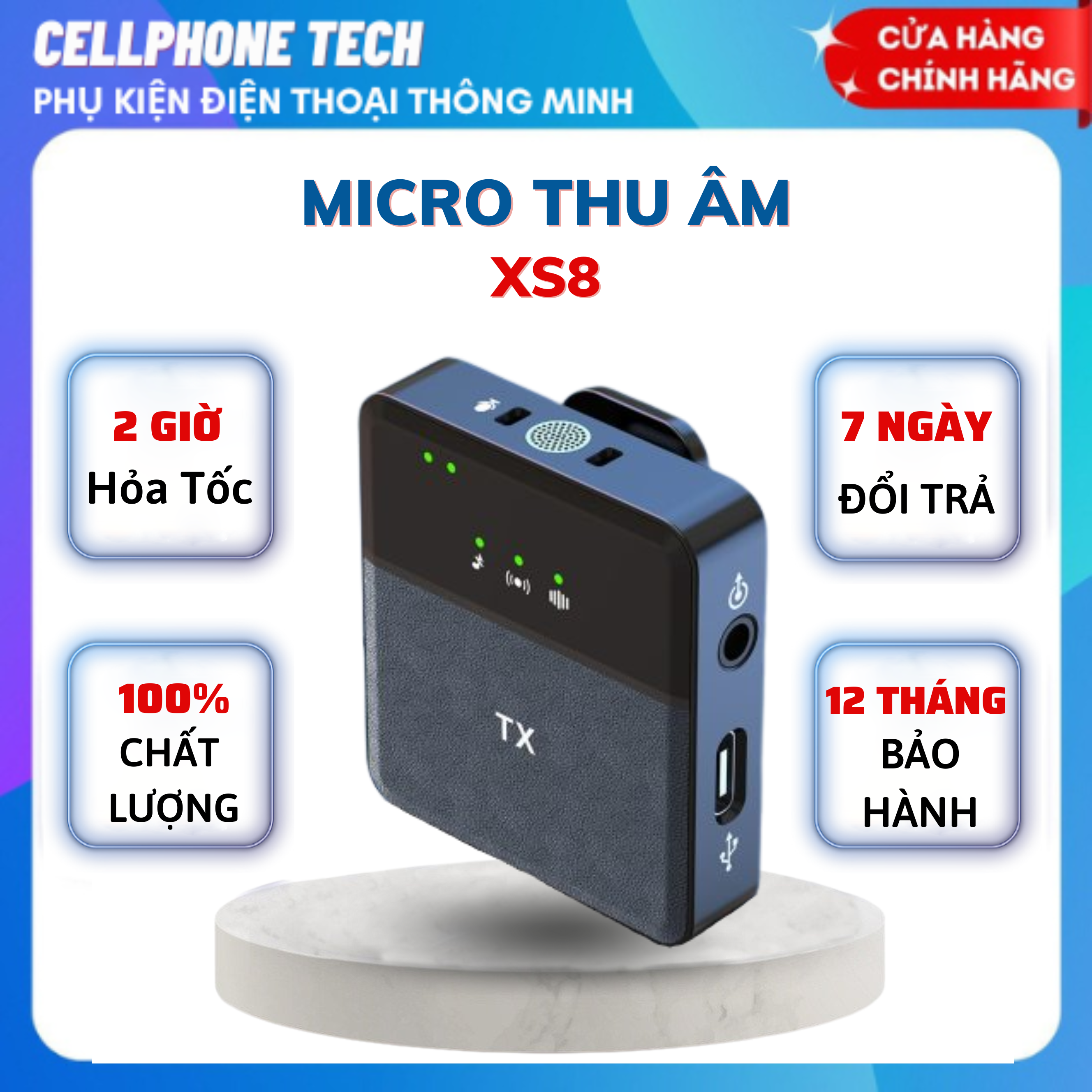 Micro thu âm không dây micro thu âm cài áo Xs8 mic thu âm livestream quay video khử tiếng ồn khoảng cách kết nối 20m bảo hành 12 tháng