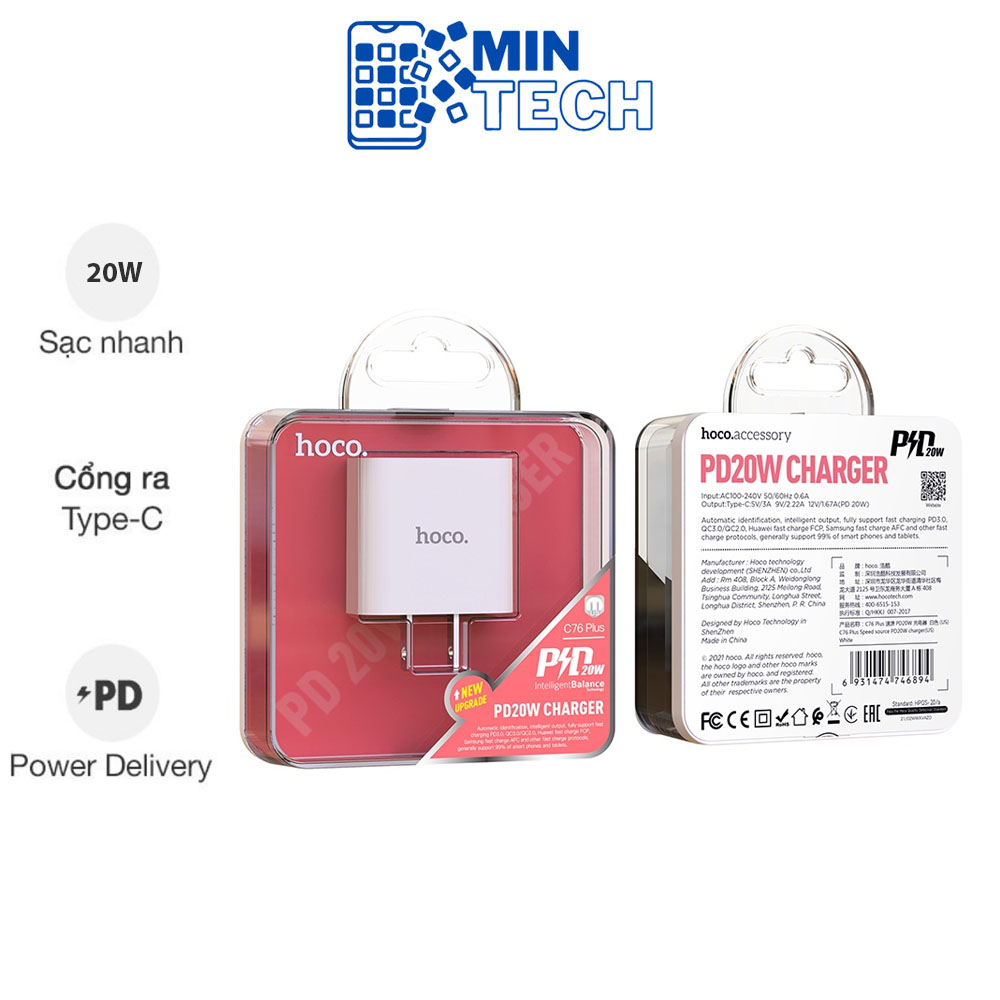 Củ sạc nhanh hoco c76 plus pd20w, sạc nhanh iphone, sạc nhanh 20w, sạc nhanh ổ cắm type c