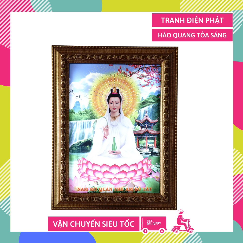 Tranh điện Phật Quan  m Bồ Tát ngồi tòa sen giữa hồ hào quang tỏa sáng hộp đèn led siêu đẹp - 45x35cm