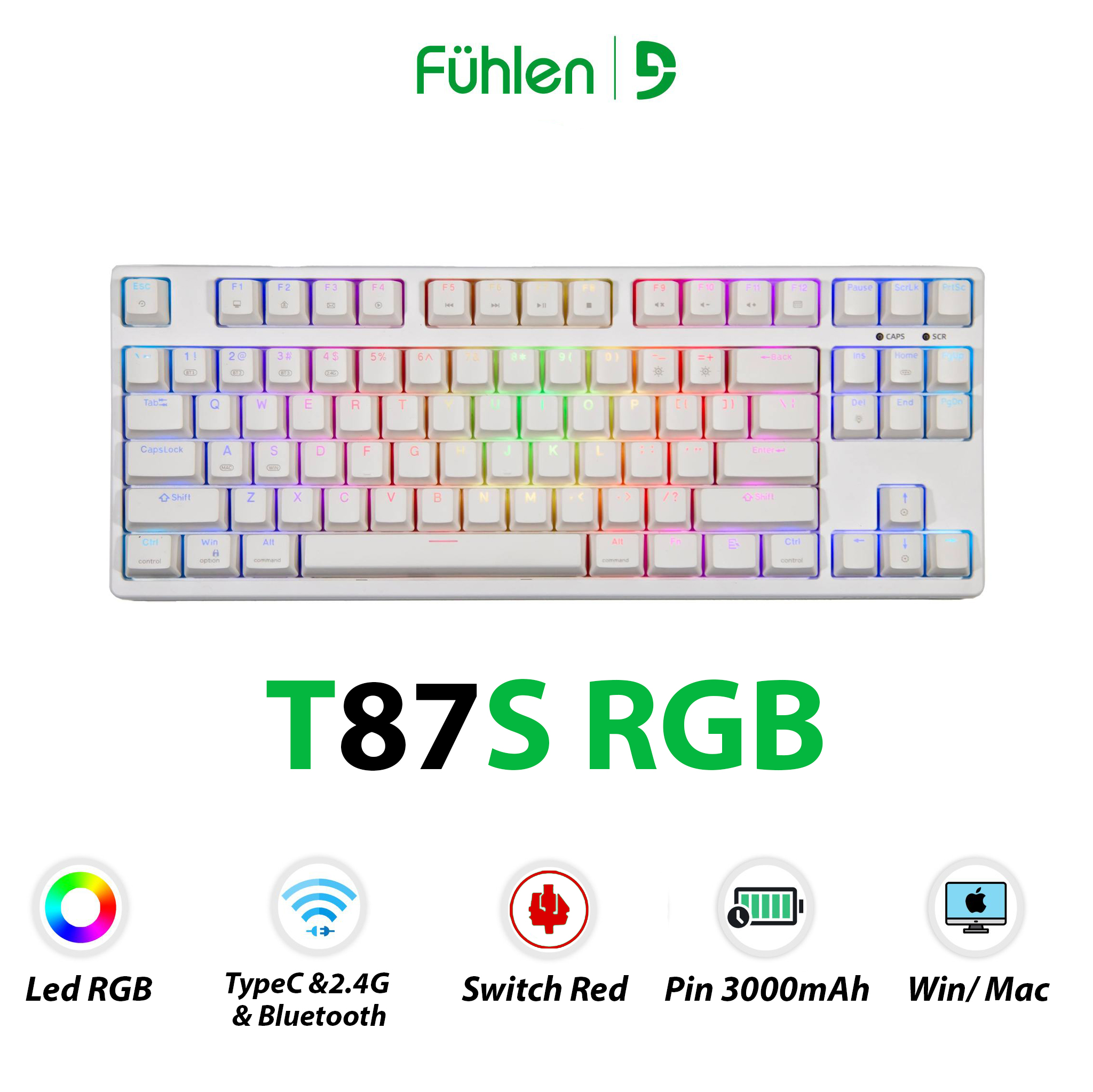 Bàn phím cơ Fuhlen T87s RGB White switch Red 3 chế độ kết nối bảo hành 2 năm.