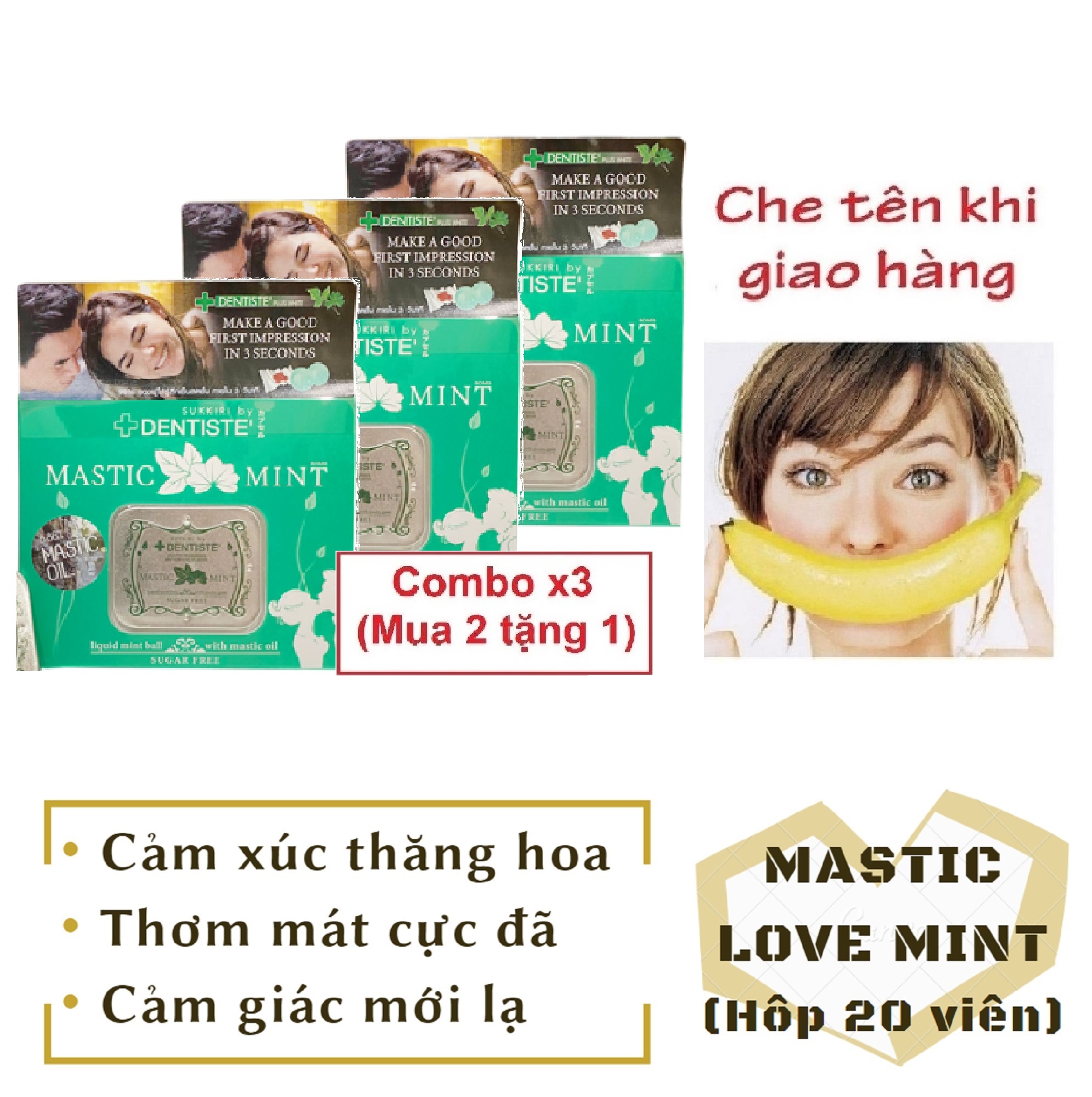 Combo x3 (Mua 2 tặng 1) Kẹo the DENTISTE MASTIC LOVE MINT Thái Lan cao cấp hương bạc hà tăng khoái c