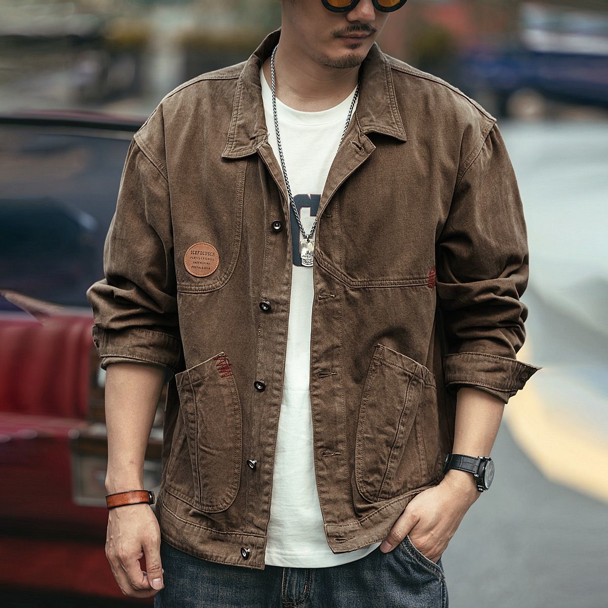 ♔ Autumn new American style retro heavy tooling jacket men's loose denim safari cotton casual jacket