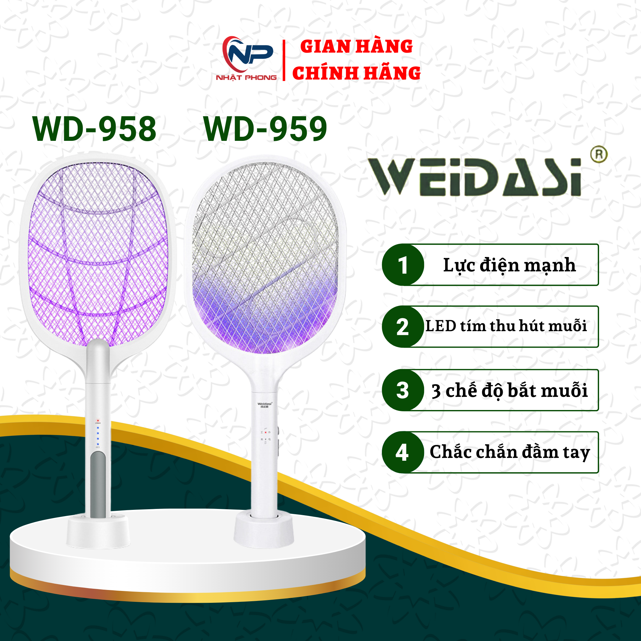 Vợt muỗi tự động kiêm đèn bắt muỗi WEIDASI WD-959 sạc tích điện, vợt bắt muỗi thông minh cao cấp để bàn