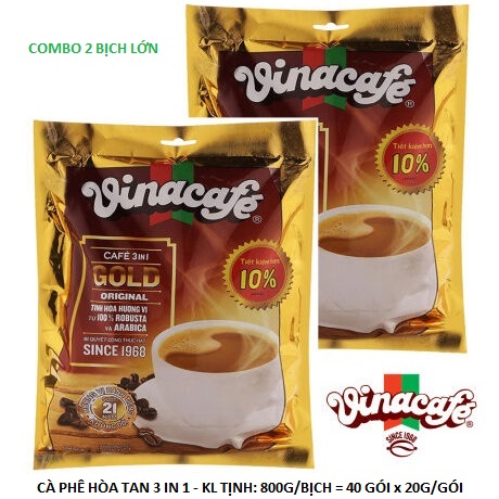 CẦN 184.000 Đ/2 BỊCH LỚNx 800G/BỊCH (20G/GÓI X 40 GÓI) CÀ PHÊ HÒA TAN 3 IN 1 THƯƠNG HIỆU VINACAFE - TINH HOA HƯƠNG VỊ  TỪ 100% ROBUSTA VÀ ARABICA