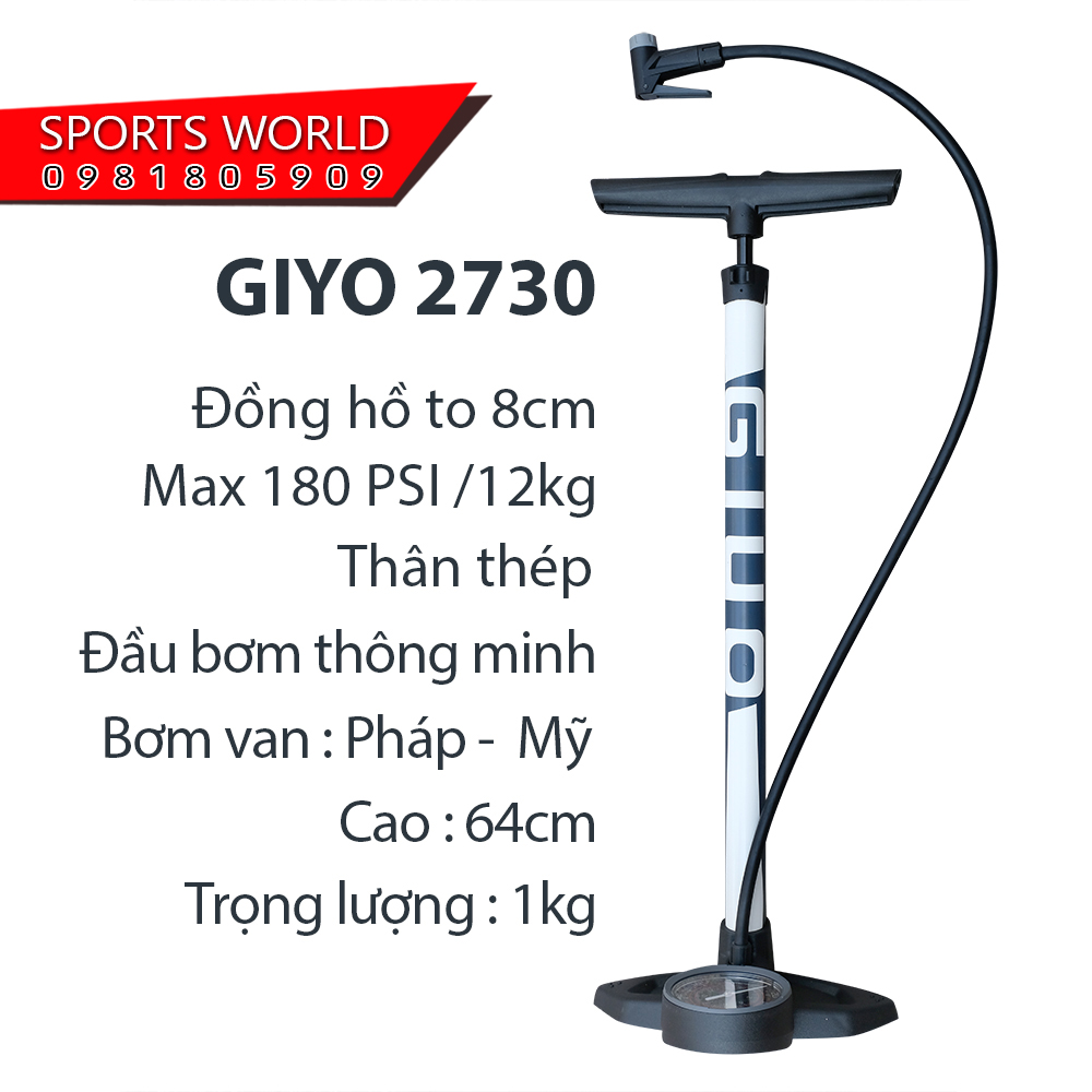 Bơm xe đạp xe máy Đài Loan 180psi/12kg GIYO 2730 thân thép đồng hồ siêu to - SPORTS WORLD
