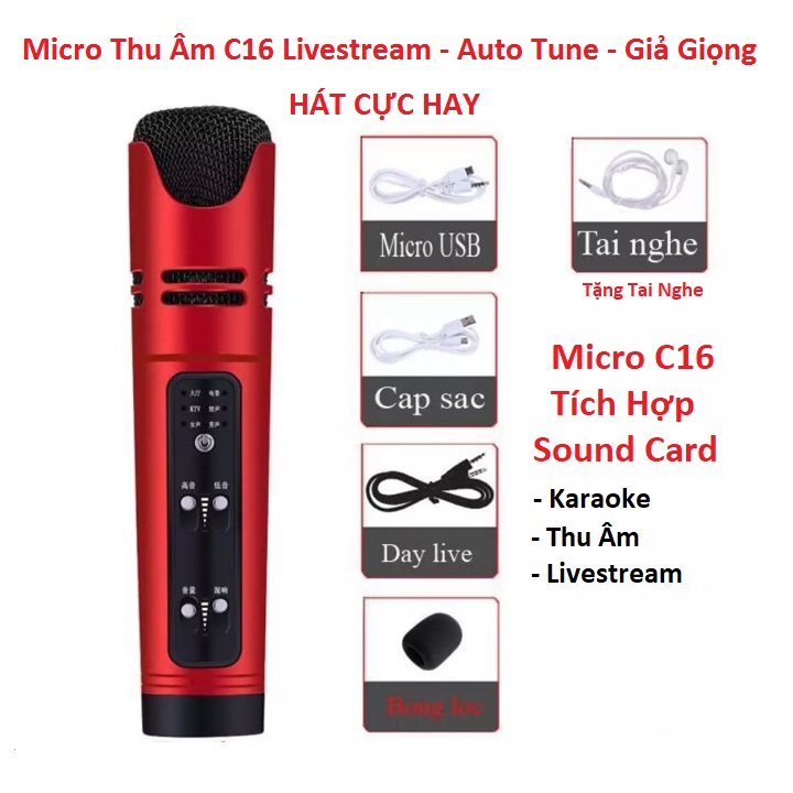Micro C16 Mic C16 Livestream Hát Karaoke 6 Chế Độ Âm Thanh Giả Giọng Bản