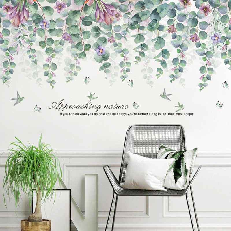 Decal dán tường tán lá xanh, hoa tím