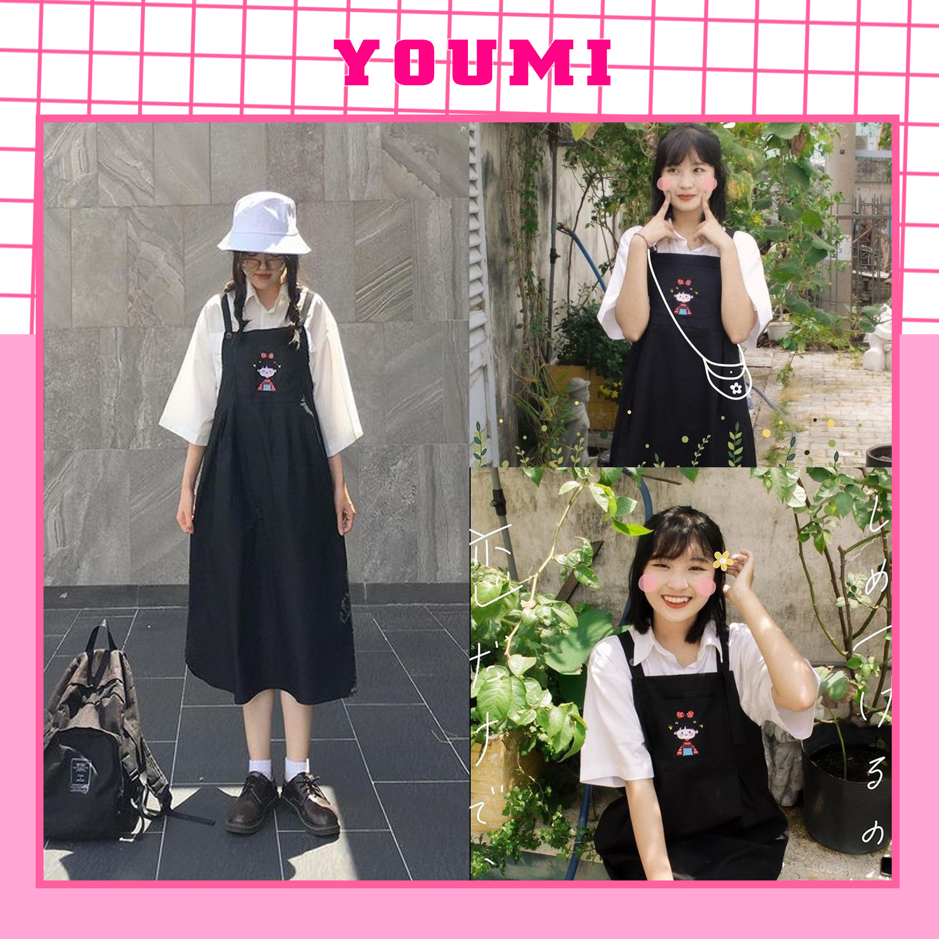 Váy yếm suông thêu hình cô bé siêu cute đầm suông nữ dễ thương YOUMI YN003