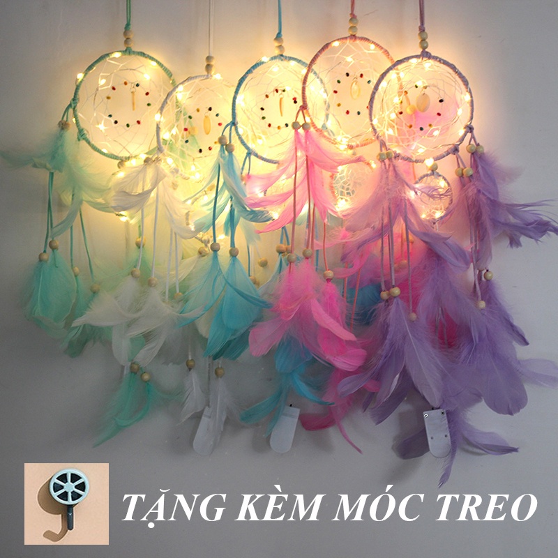 Vòng dreamcatcher lông vũ có đèn led treo tường trang trí phòng ngủ tặng kèm móc dán tường
