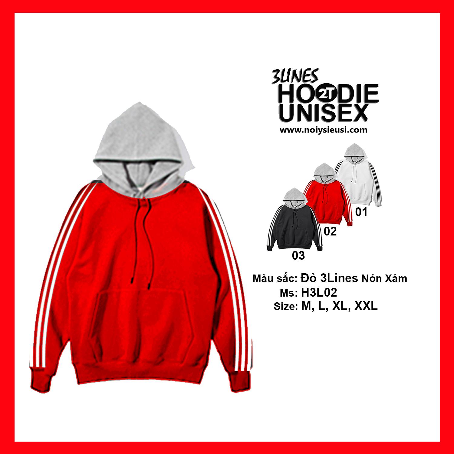 [4.4 HOÀN TIỀN 15%][HCM]ÁO KHOÁC NỈ BÔNG̉ HOODIE 3 SỌC THỂ THAO PHỐI NÓN XÁM - ĐỎ 3LINES