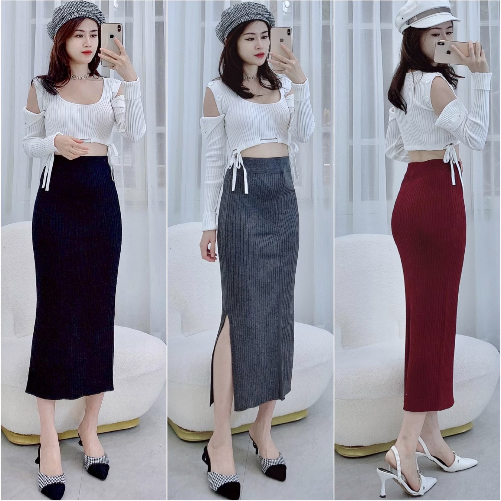 Chân váy len dài xẻ sau chất dày dặn có sẵn
