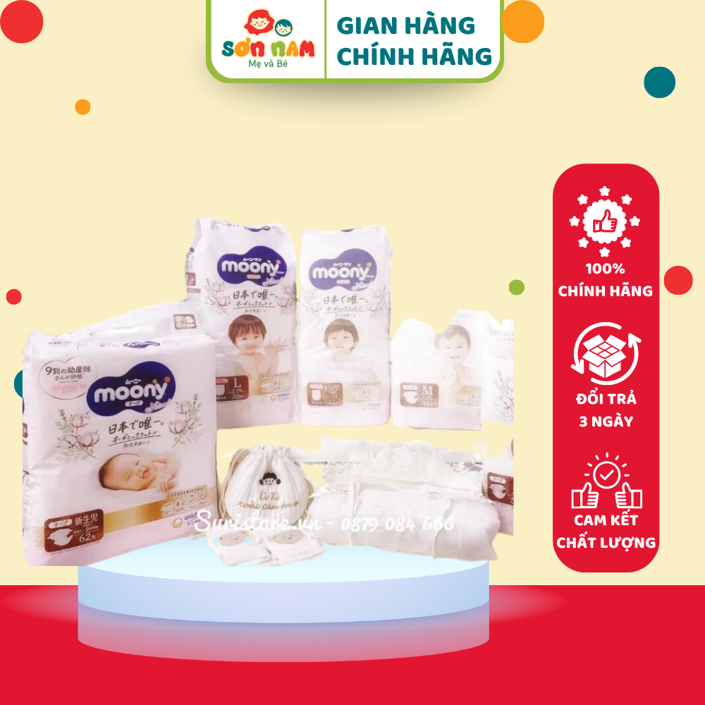 Bỉm moony natural nhật bản ct nb62/s58/m46/l36/xl32