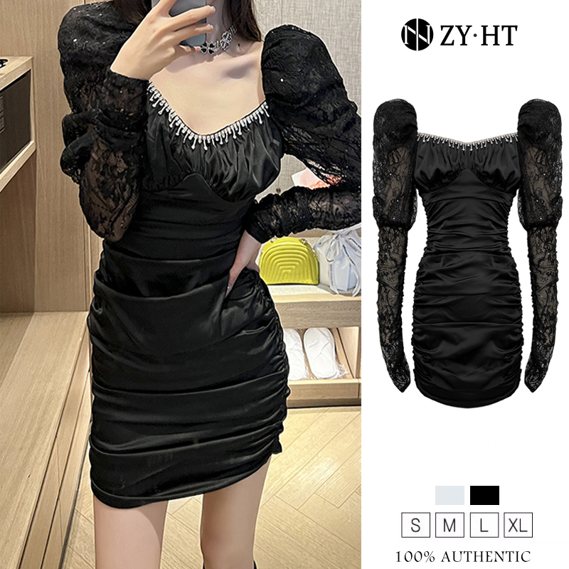 ZYHT eravogue đầm body nữ ôm body sa tanh ren tay áo phồng thiết kế xếp li ngắn váy dự tiệc 6005