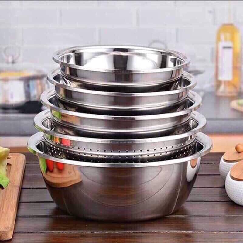 Thau rổ inox bộ 5 món cao cấp bộ rổ inox 5 món - 1 rổ, 4 chậu - thau rổ inox bộ 5 món cao cấp-bộ rổ inox 5 món - 1 rổ, 4 chậu