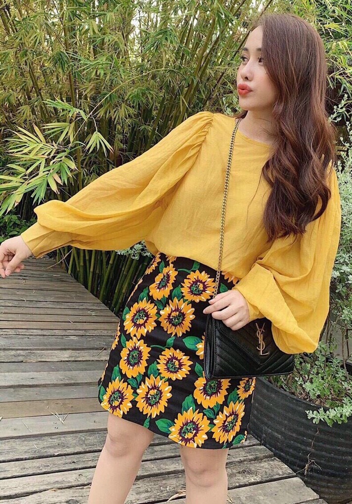 [HCM]Áo kiểu tay dài kèm chân váy hoa dễ thương set hai món đi chơi đi làm
