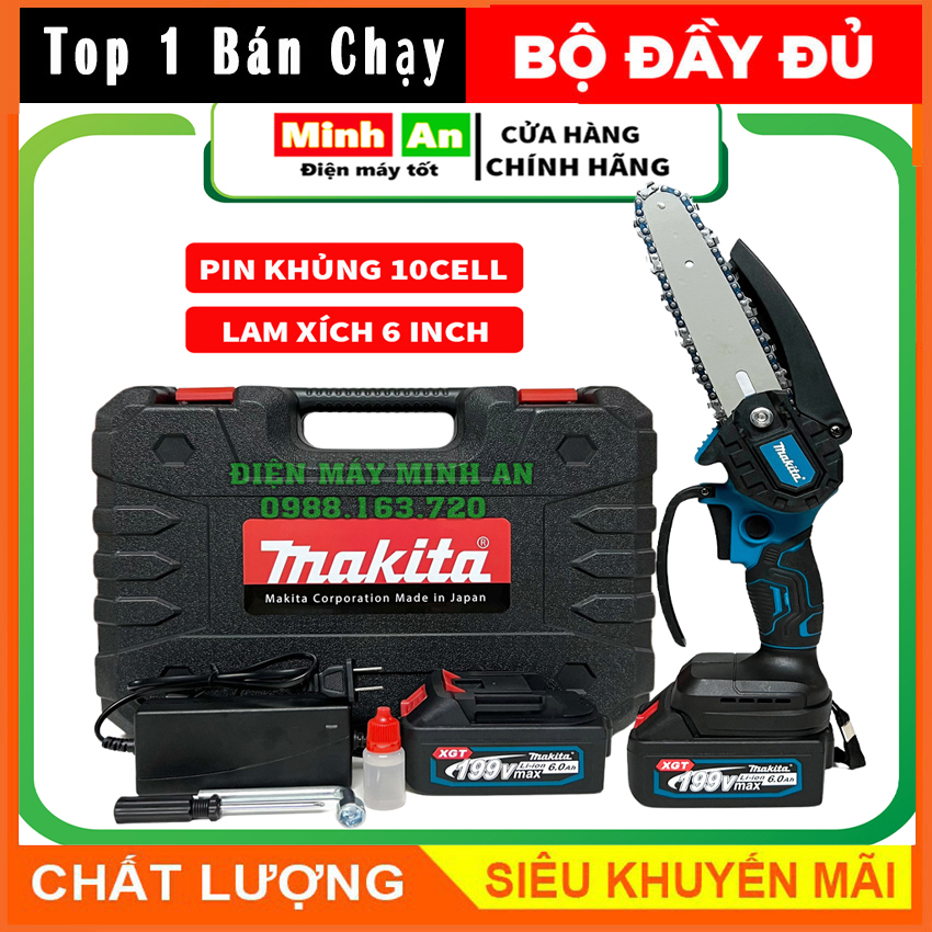 Máy cưa xích pin cầm tay MAKITA 199V - Lam xích dài 20cm độ lưỡi cưa sắc bén - dùng pin Pin 10 cell - 6.0Ah - máy cưa gỗ tỉa cành bảo hành 12 tháng laz police