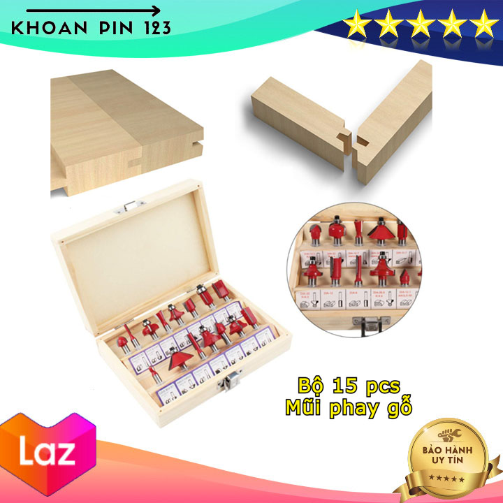 Bộ 15 mũi phay gỗ, bộ mũi soi gỗ 15 chi tiết 1/4 inch 6.35mm có hộp đựng loại đẹp