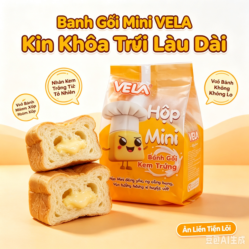 Bánh Gối Mini VELA Hộp Kem Trứng Kin Khỏa Trúi Lâu Đài | Vỏ Bánh Không Khô Lò | Nhân Kem Trứng Tức Tức Nhiên | Vô Bánh Vô Mặn Khô Lò | An Liền Tiện Lợi