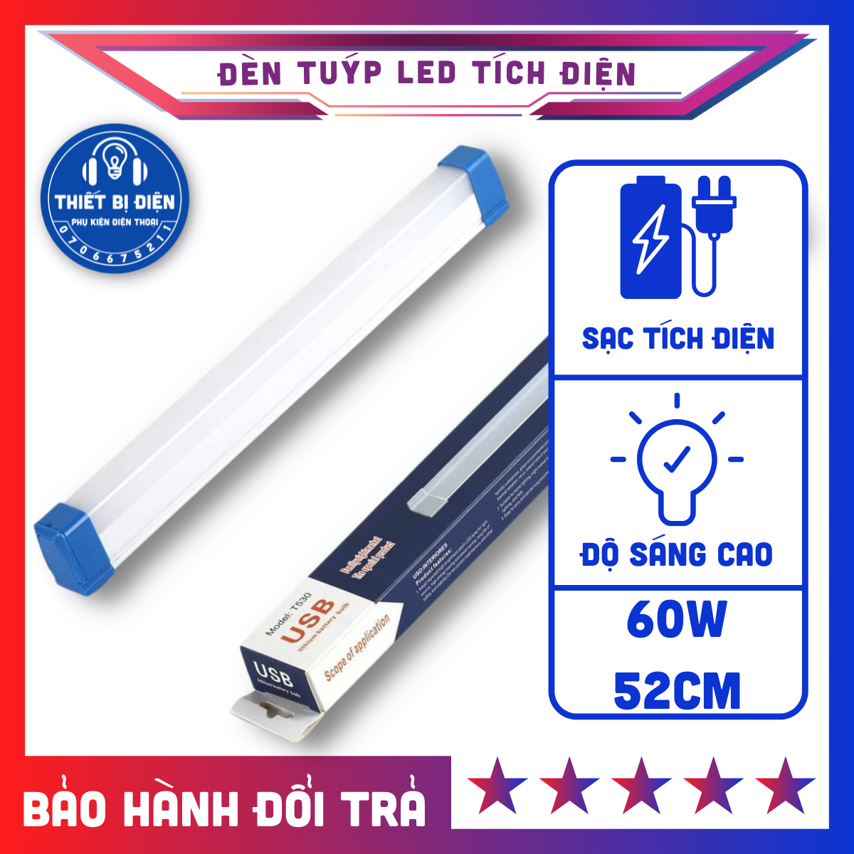 Bóng đèn tuýp led - tích điện siêu sáng 60w dài 52cm kèm sạc usb - led dài
