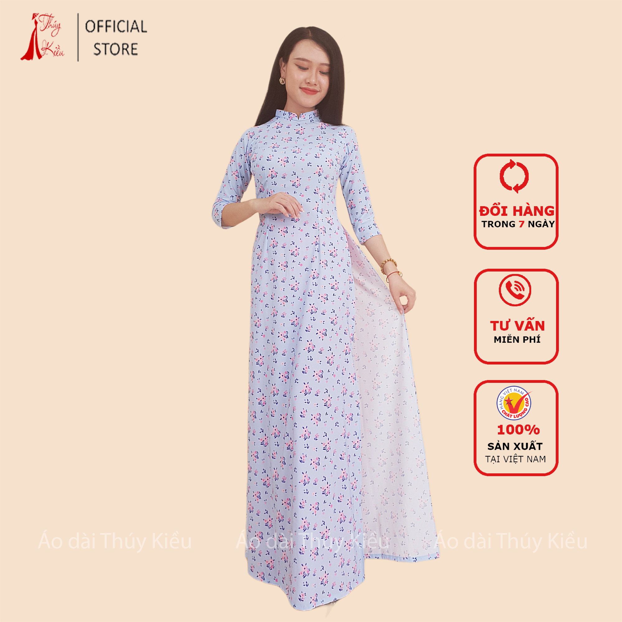 Áo dài in 3D lụa Nhật nền xanh ngọc hoa nhí cổ 2 phân HN03