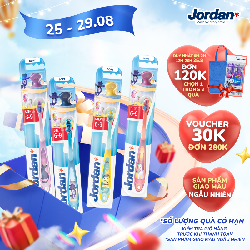 Combo 4 Bàn chải đánh răng cho trẻ em Jordan Step 3 , Lông mềm