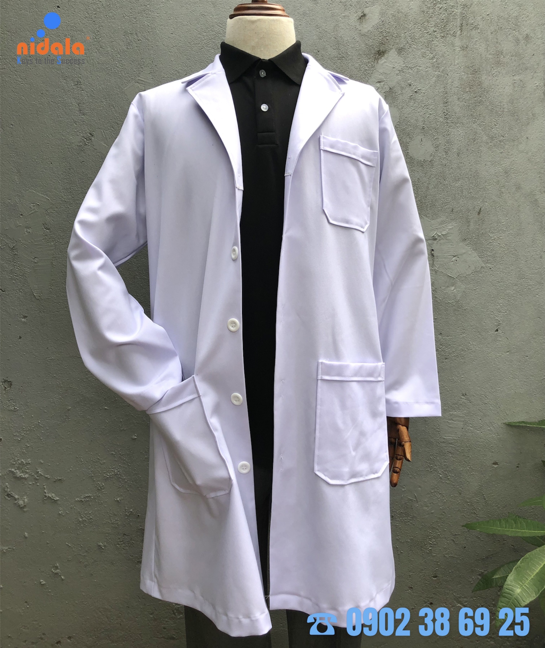 Áo Blouse bác sĩ nam cao cấp Nidala dáng dài, tay dài chất vải dày dặn, đường may đẹp, sắc xảo