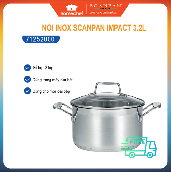 Nồi inox scanpan impact 18/20/24cm dùng bếp từ, inox 18/10 an toàn cho sức khỏe, thiết kế đáy 3 lớp truyền nhiệt nhanh và đều 71251800/71252000/71252400